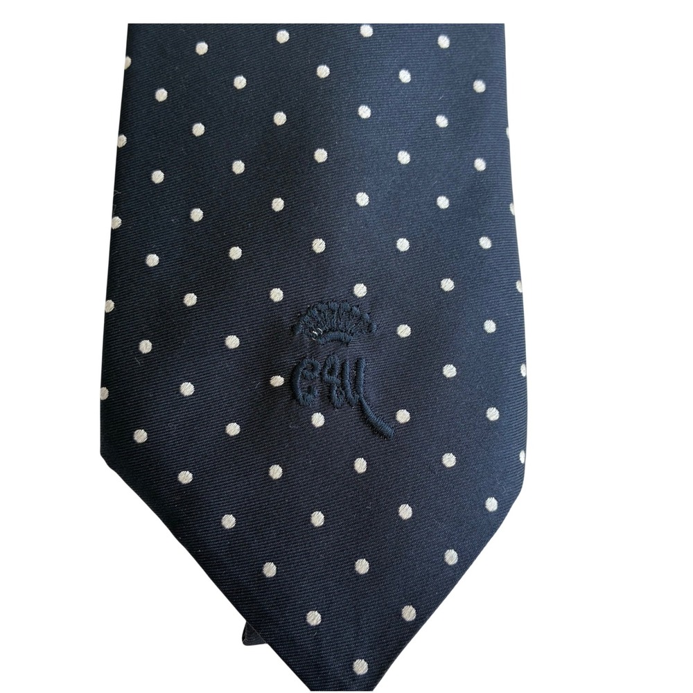 Vintage Countess Mara Navy Blue White Polka Dot Silk Tie Embroidered Logo